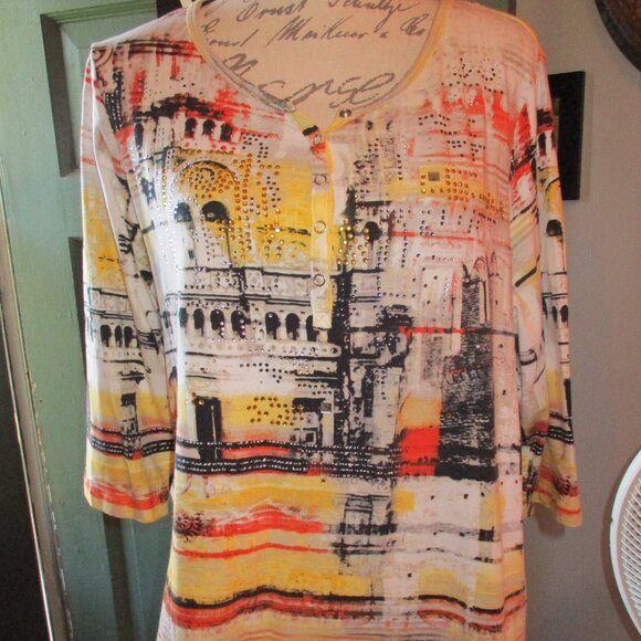 Sportelle Sequined Multi-Colored Round Neck Snap-Up Top w/3/4 Quarter Sleeves - Picture 1 of 4